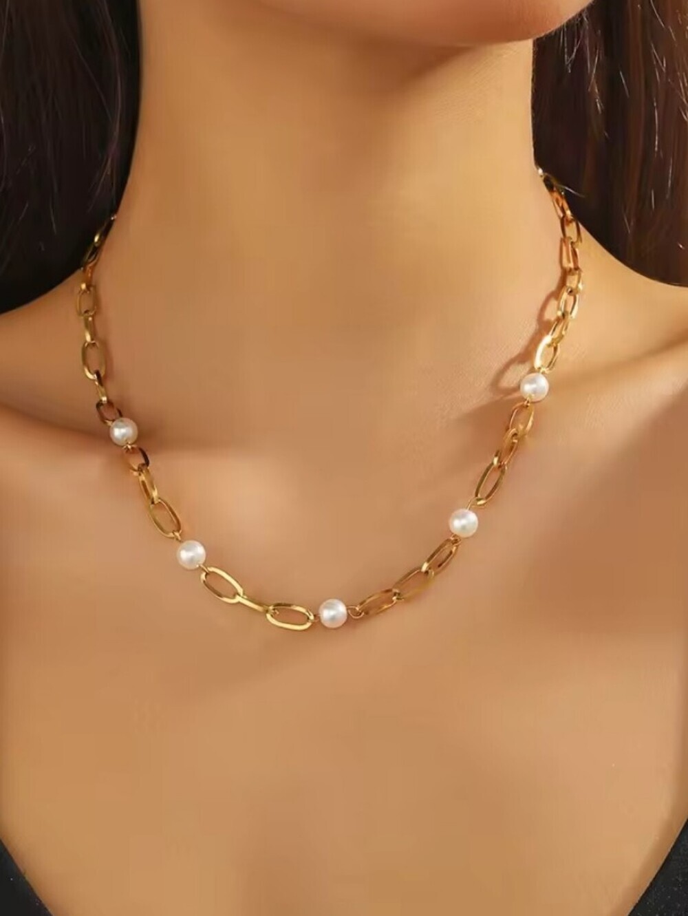 New! Stainless Steel Gold Plated  Pearl Chain Necklace - Women Jewelry